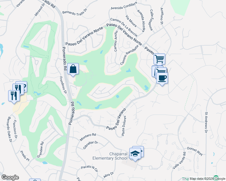 map of restaurants, bars, coffee shops, grocery stores, and more near 17918 Caminito Balata in San Diego