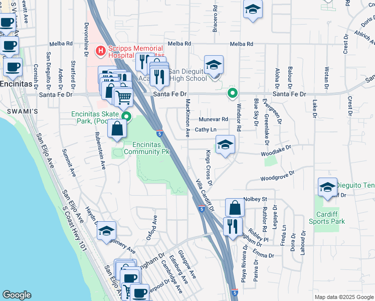 map of restaurants, bars, coffee shops, grocery stores, and more near 1470 Mackinnon Avenue in Encinitas