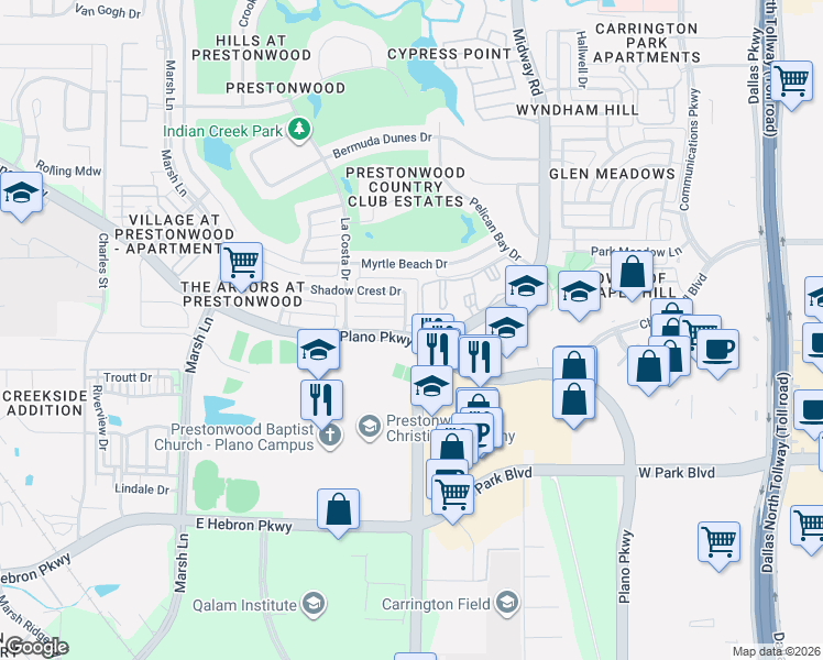 map of restaurants, bars, coffee shops, grocery stores, and more near in Plano