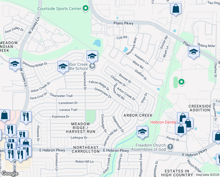 map of restaurants, bars, coffee shops, grocery stores, and more near 2148 Falcon Ridge Drive in Carrollton