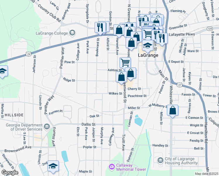 map of restaurants, bars, coffee shops, grocery stores, and more near 207 Wilkes Street in LaGrange