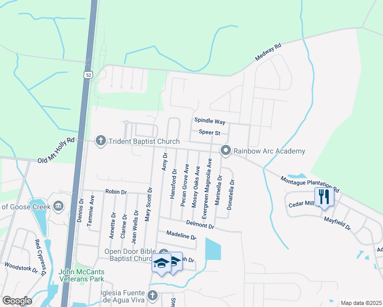 map of restaurants, bars, coffee shops, grocery stores, and more near 148 Pecan Grove Avenue in Goose Creek