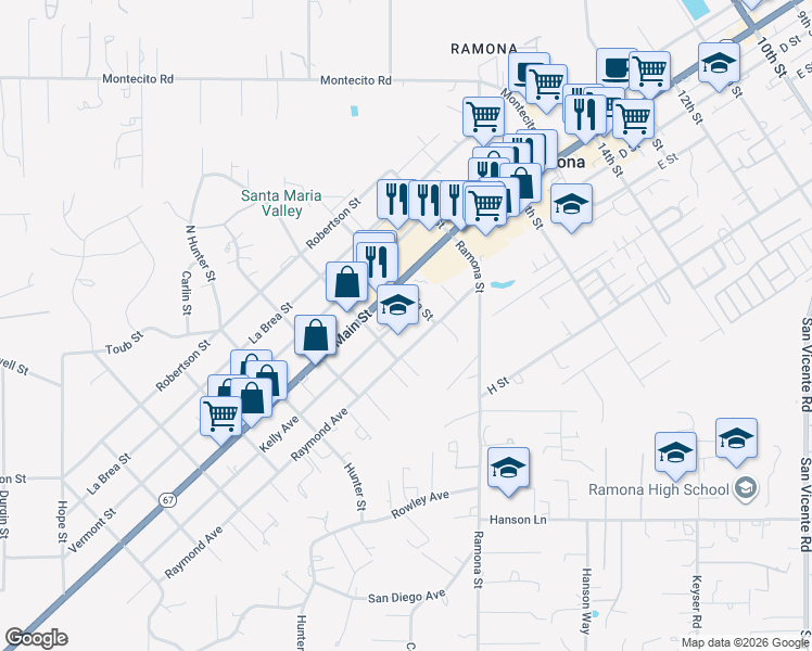 map of restaurants, bars, coffee shops, grocery stores, and more near 1922 Kelly Avenue in Ramona
