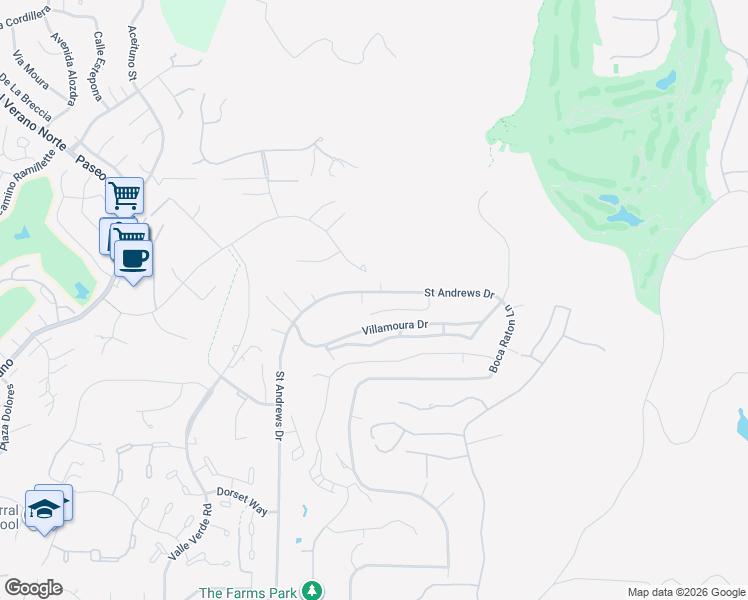 map of restaurants, bars, coffee shops, grocery stores, and more near 17759 Saint Andrews Drive in Poway