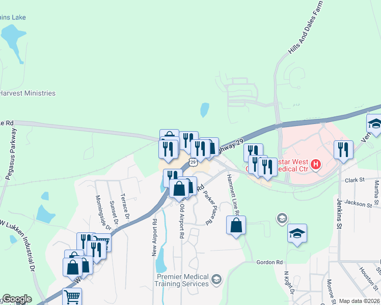 map of restaurants, bars, coffee shops, grocery stores, and more near 1876 West Point Road in LaGrange