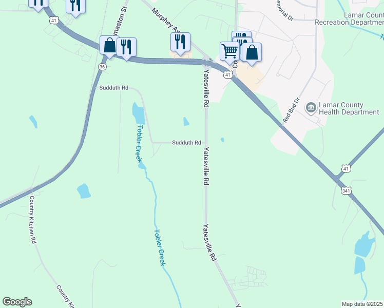 map of restaurants, bars, coffee shops, grocery stores, and more near 195 Yatesville Road in Barnesville