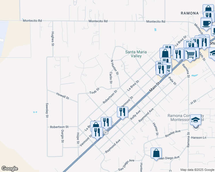 map of restaurants, bars, coffee shops, grocery stores, and more near 2235 Toub Street in Ramona