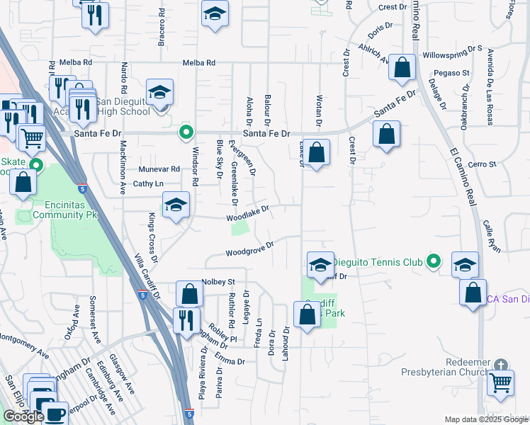 map of restaurants, bars, coffee shops, grocery stores, and more near 1430 Big Canyon Terrace in Encinitas