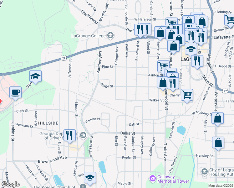map of restaurants, bars, coffee shops, grocery stores, and more near 507 College Avenue in LaGrange