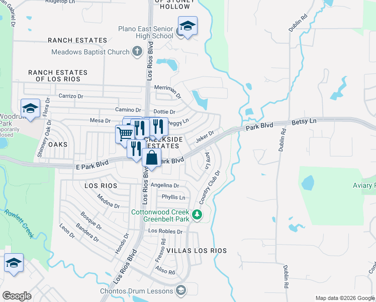 map of restaurants, bars, coffee shops, grocery stores, and more near 2241 Molly Lane in Plano