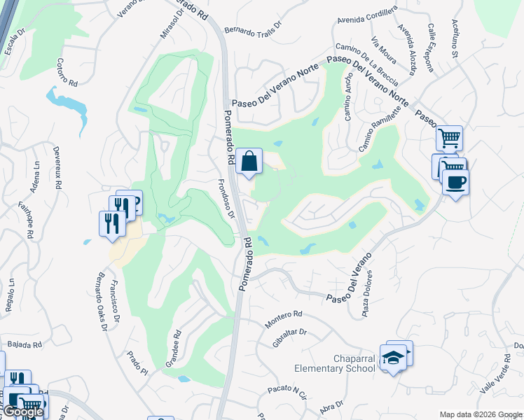 map of restaurants, bars, coffee shops, grocery stores, and more near 12578 Oaks North Drive in San Diego