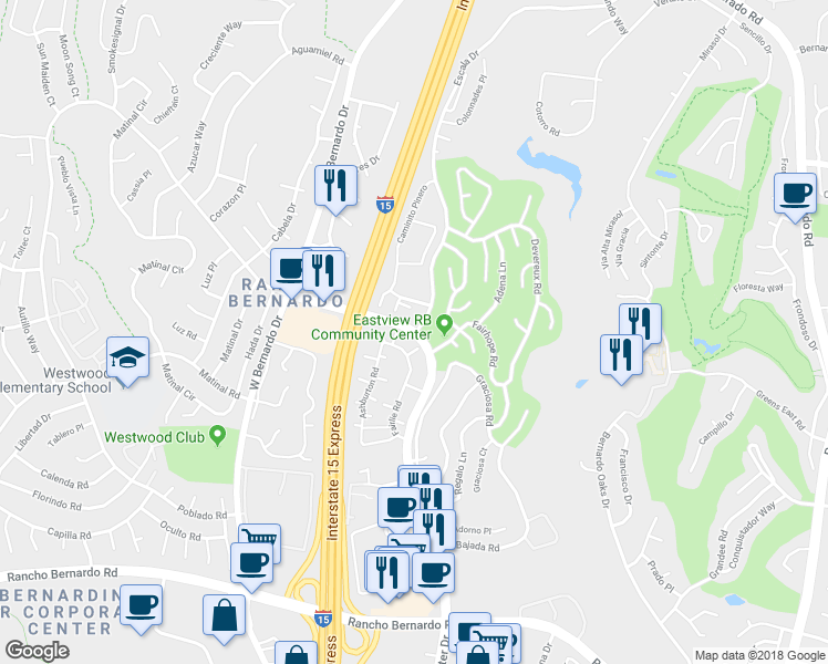 map of restaurants, bars, coffee shops, grocery stores, and more near 11699 Bernardo Center Drive in San Diego