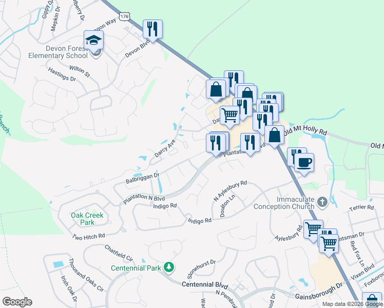 map of restaurants, bars, coffee shops, grocery stores, and more near 161 Balbriggan Drive in Goose Creek