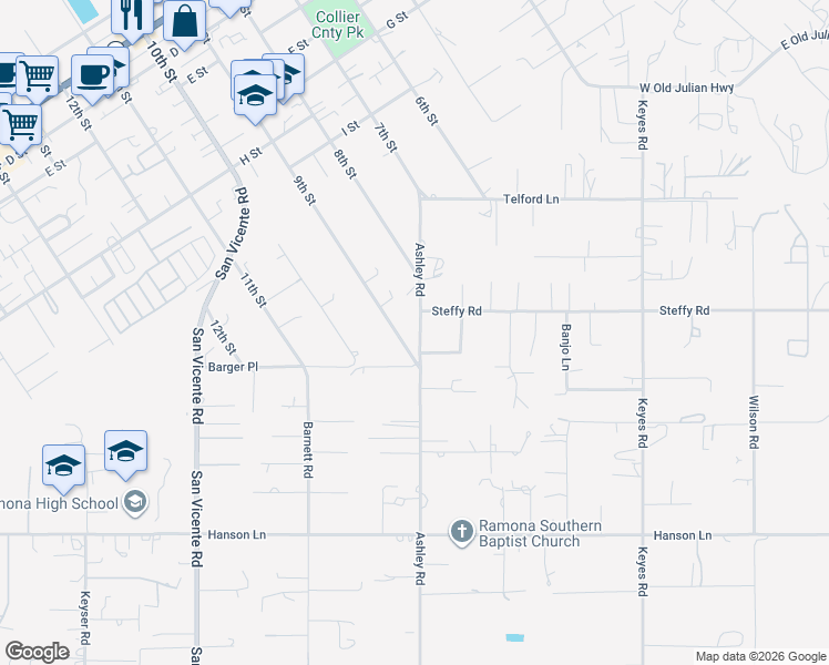 map of restaurants, bars, coffee shops, grocery stores, and more near 850 Steffy Road in Ramona
