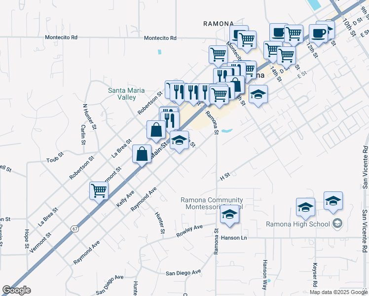 map of restaurants, bars, coffee shops, grocery stores, and more near 407 Pala Street in Ramona