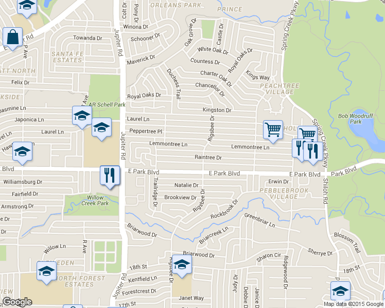 map of restaurants, bars, coffee shops, grocery stores, and more near 2801 Lemmontree Lane in Plano