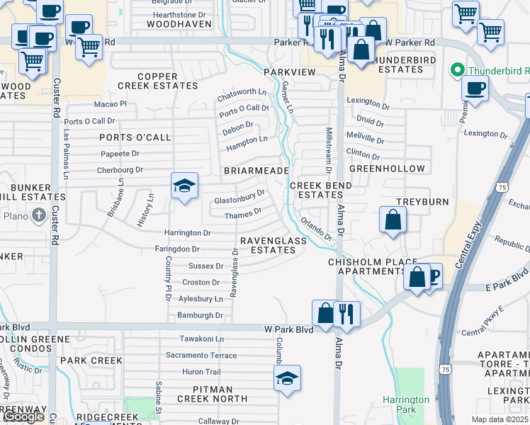 map of restaurants, bars, coffee shops, grocery stores, and more near 1412 Glastonbury Drive in Plano
