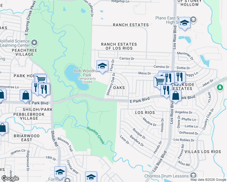 map of restaurants, bars, coffee shops, grocery stores, and more near 2336 Dyers Oak Drive in Plano