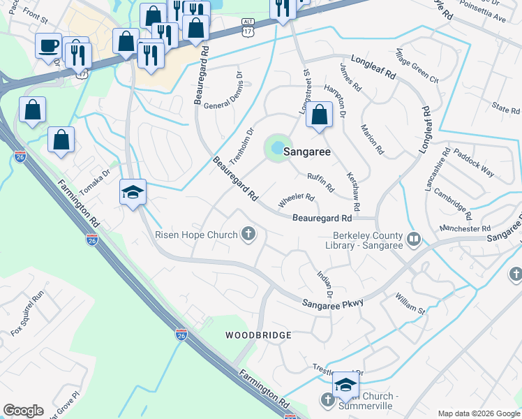 map of restaurants, bars, coffee shops, grocery stores, and more near 608 Beauregard Road in Summerville