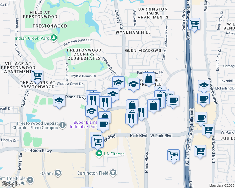 map of restaurants, bars, coffee shops, grocery stores, and more near 2424 Midway Road in Plano