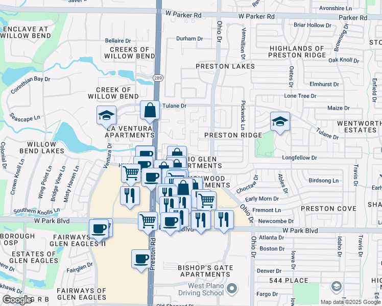 map of restaurants, bars, coffee shops, grocery stores, and more near 2501 Ohio Drive in Plano