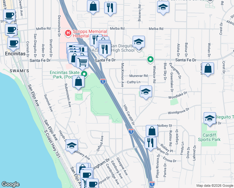 map of restaurants, bars, coffee shops, grocery stores, and more near 1428 Mackinnon Avenue in Encinitas