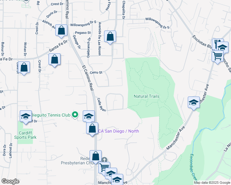 map of restaurants, bars, coffee shops, grocery stores, and more near 1243 Calle Christopher in Encinitas