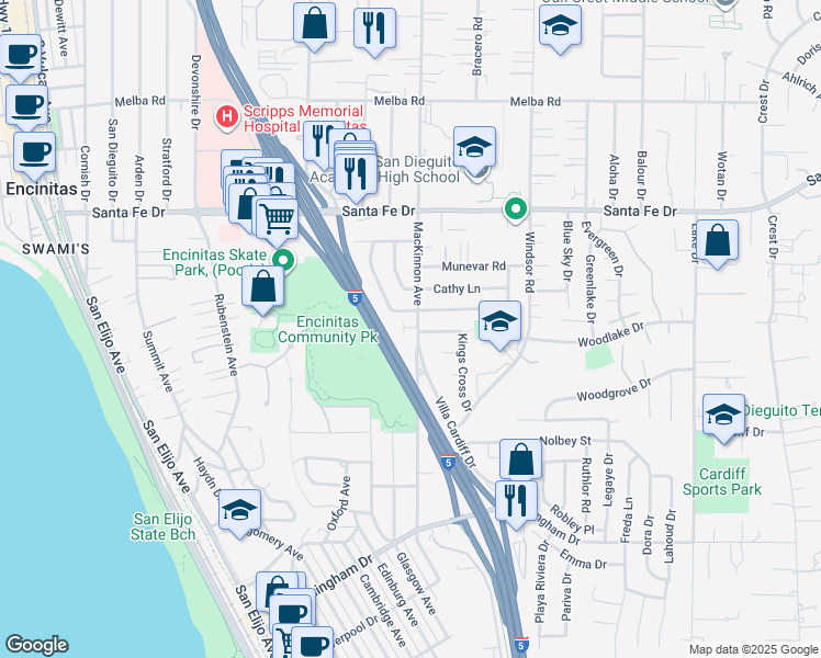 map of restaurants, bars, coffee shops, grocery stores, and more near 1440 Mackinnon Avenue in Encinitas