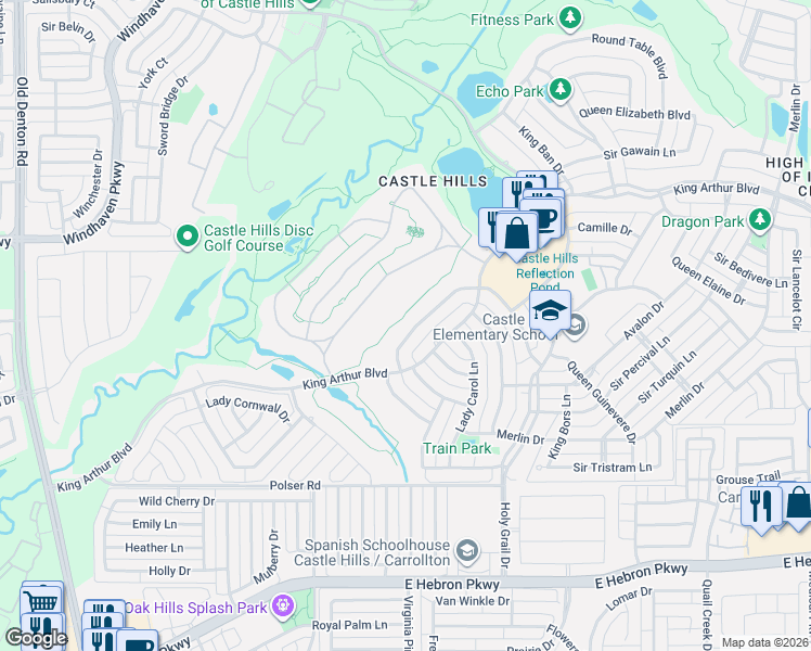 map of restaurants, bars, coffee shops, grocery stores, and more near 1134 King Mark Drive in Lewisville
