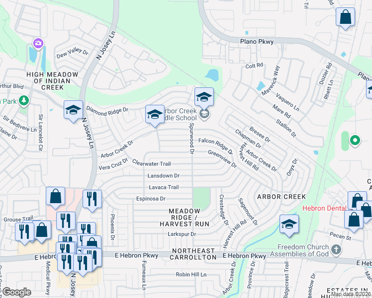 map of restaurants, bars, coffee shops, grocery stores, and more near 2101 Falcon Ridge Drive in Carrollton