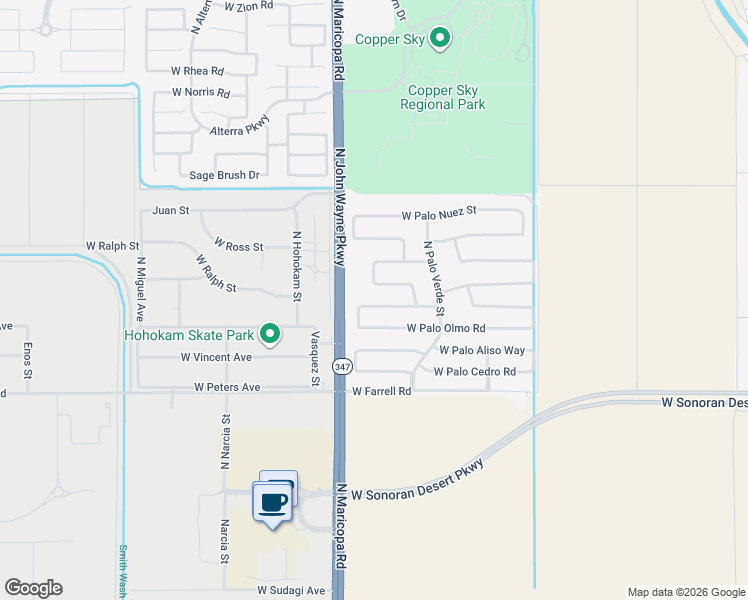 map of restaurants, bars, coffee shops, grocery stores, and more near 44539 West Palo Ceniza Way in Maricopa
