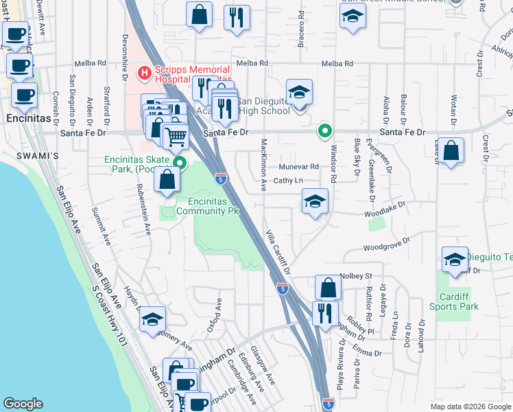 map of restaurants, bars, coffee shops, grocery stores, and more near 1428 Mackinnon Avenue in Encinitas