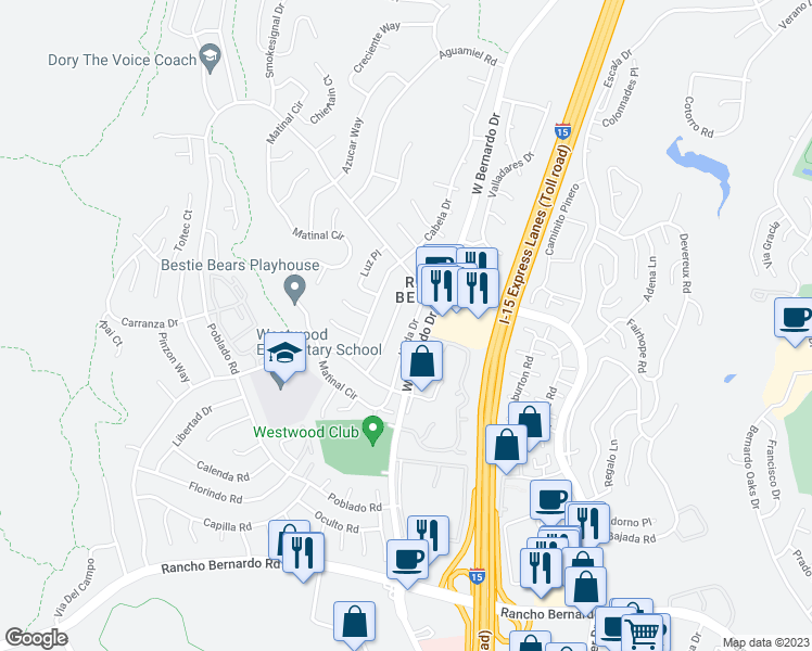 map of restaurants, bars, coffee shops, grocery stores, and more near 17570 Matinal Drive in San Diego