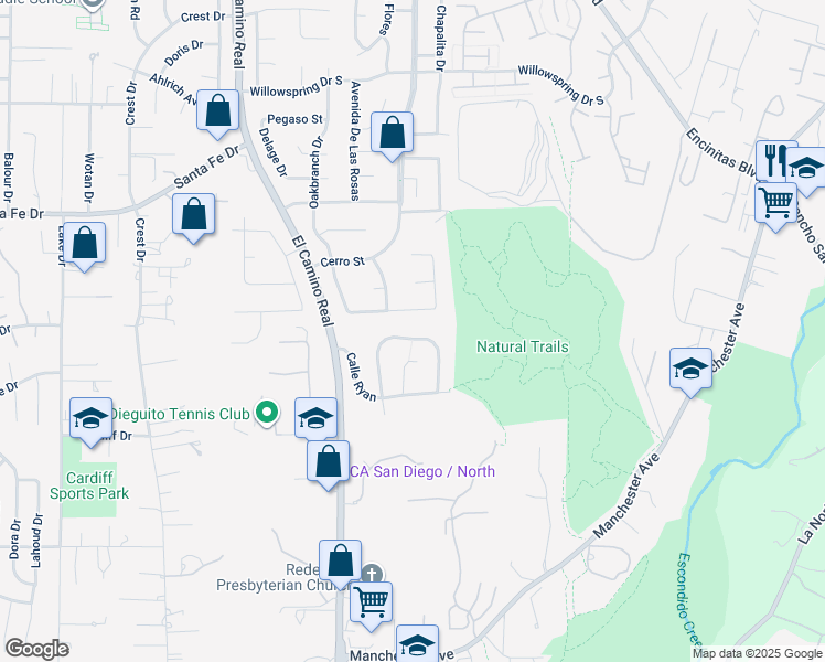 map of restaurants, bars, coffee shops, grocery stores, and more near 1243 Calle Christopher in Encinitas