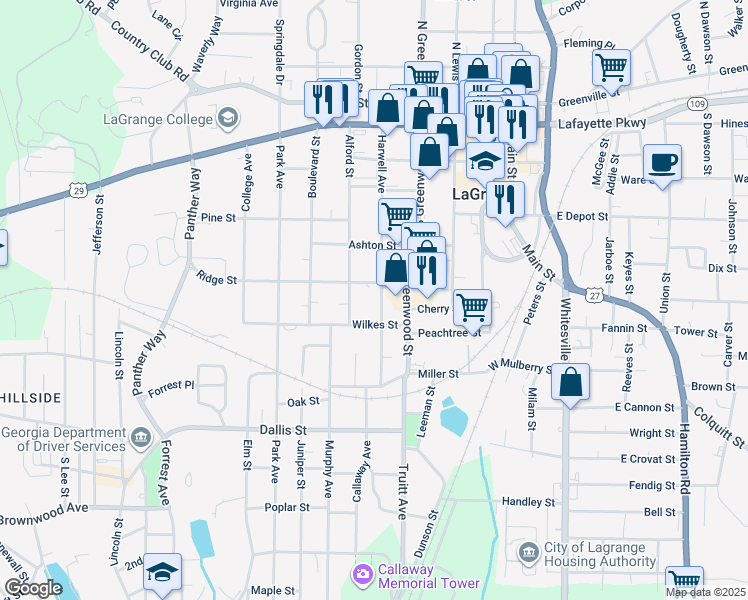 map of restaurants, bars, coffee shops, grocery stores, and more near 415 Harwell Avenue in LaGrange
