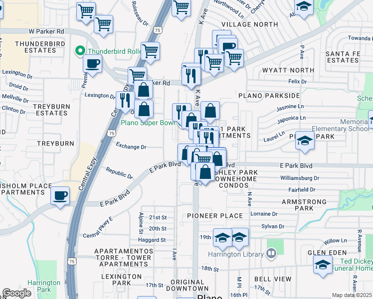 map of restaurants, bars, coffee shops, grocery stores, and more near 2505 K Ave in Plano