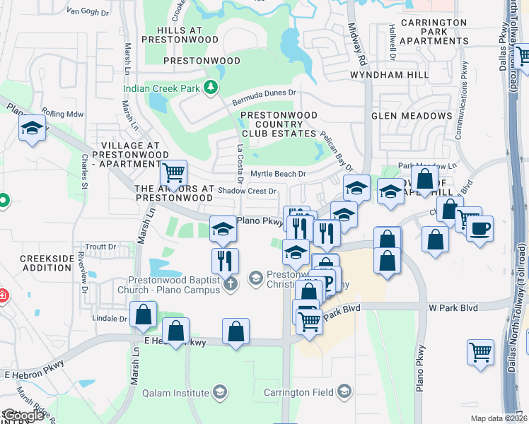 map of restaurants, bars, coffee shops, grocery stores, and more near 6609 Oakmont Court in Plano