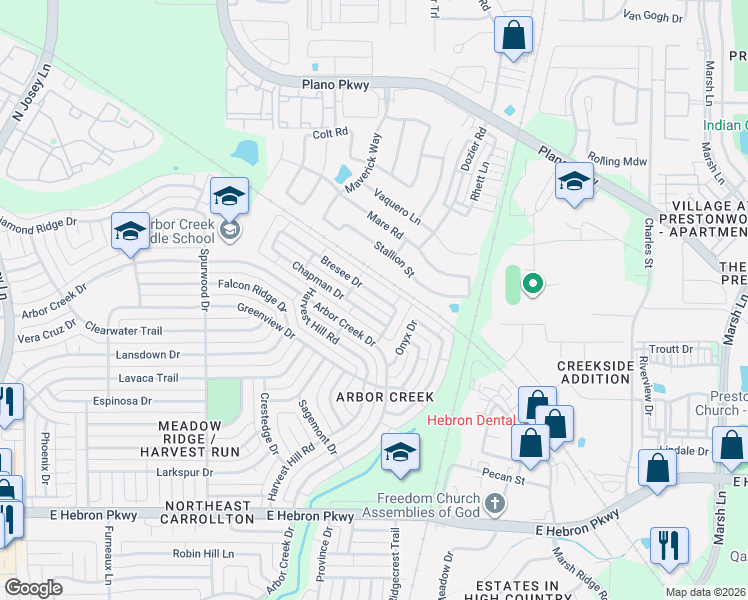 map of restaurants, bars, coffee shops, grocery stores, and more near 2273 Bresee Drive in Carrollton