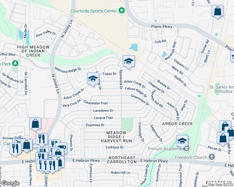 map of restaurants, bars, coffee shops, grocery stores, and more near 2101 Falcon Ridge Drive in Carrollton