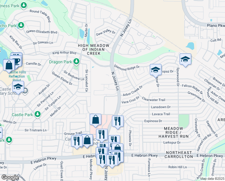 map of restaurants, bars, coffee shops, grocery stores, and more near 4625 North Josey Lane in Carrollton