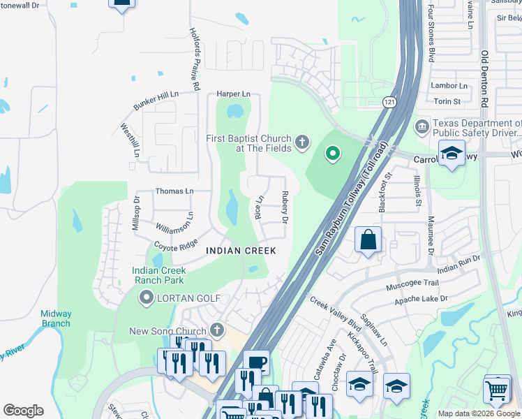 map of restaurants, bars, coffee shops, grocery stores, and more near 4344 Rice Lane in Carrollton