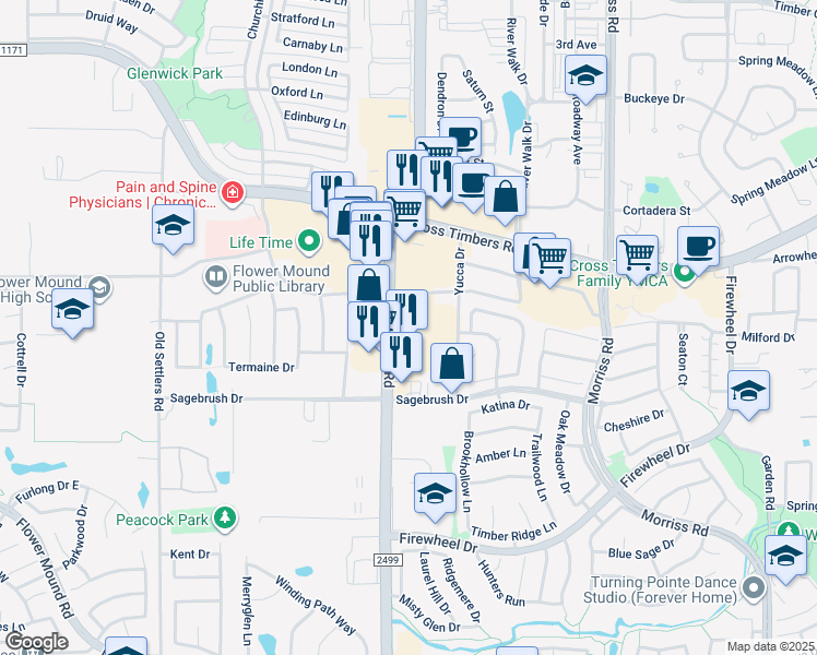 map of restaurants, bars, coffee shops, grocery stores, and more near 3448 Long Prairie Road in Flower Mound