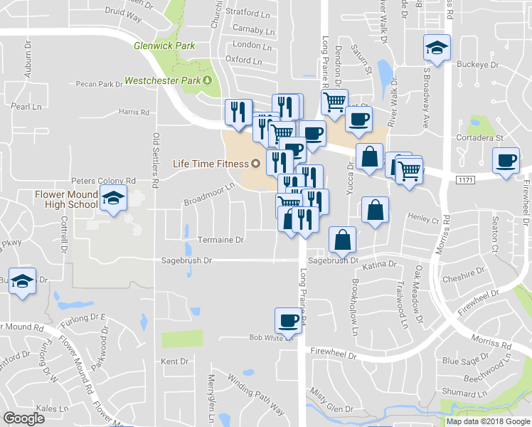 map of restaurants, bars, coffee shops, grocery stores, and more near 3412 Hasland Drive in Flower Mound