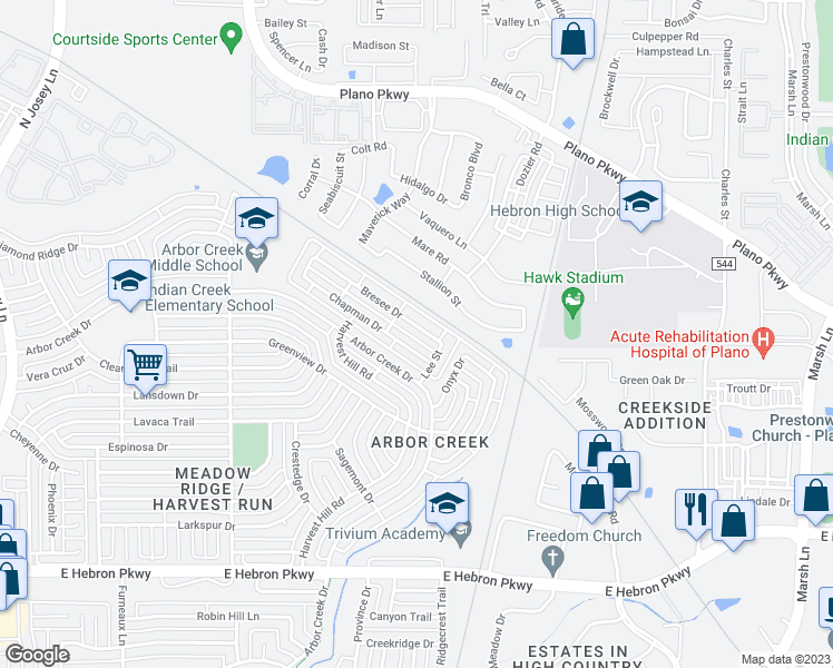map of restaurants, bars, coffee shops, grocery stores, and more near 2273 Bresee Drive in Carrollton
