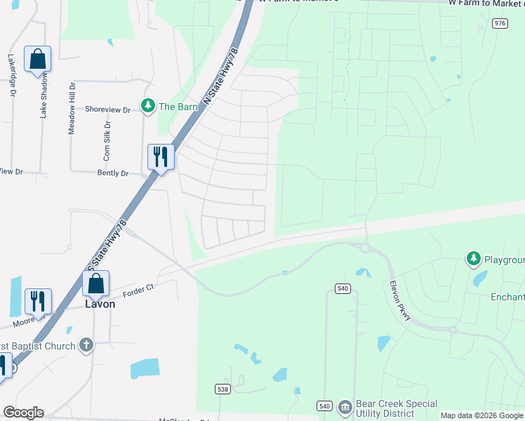 map of restaurants, bars, coffee shops, grocery stores, and more near 403 Cyprus Grove Drive in Lavon