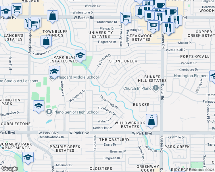 map of restaurants, bars, coffee shops, grocery stores, and more near 2510 Heather Hill Court in Plano