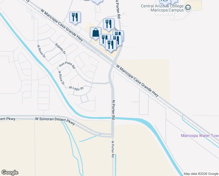 map of restaurants, bars, coffee shops, grocery stores, and more near 16720 North Porter Road in Maricopa