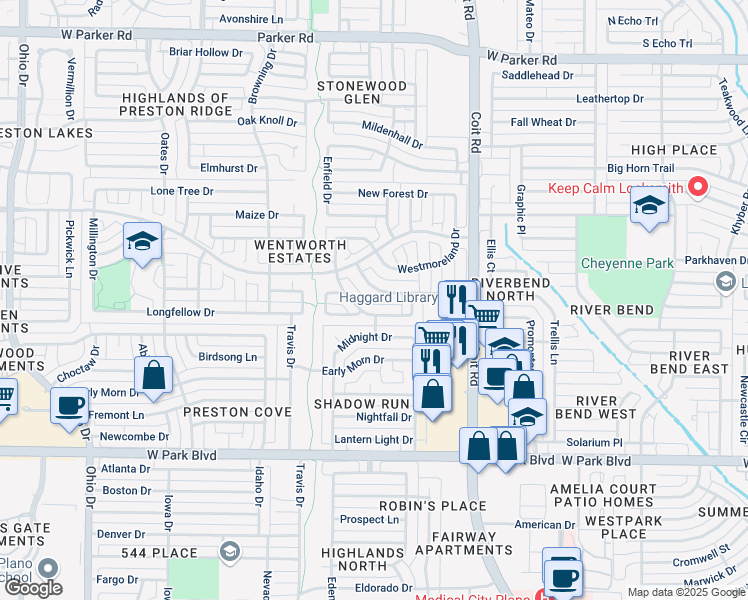 map of restaurants, bars, coffee shops, grocery stores, and more near 4201 Rockingham Way in Plano