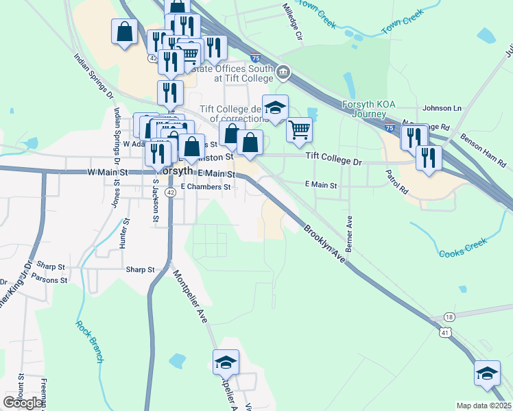 map of restaurants, bars, coffee shops, grocery stores, and more near 25 Brooklyn Avenue in Forsyth