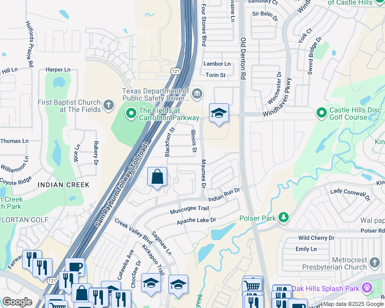 map of restaurants, bars, coffee shops, grocery stores, and more near 1201 Sioux Street in Carrollton